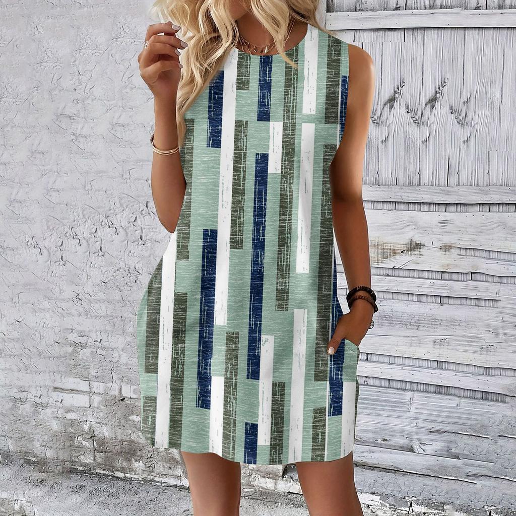 Women's Casual And Fashionable Round-neck Sleeveless Printing Mid Length Dress