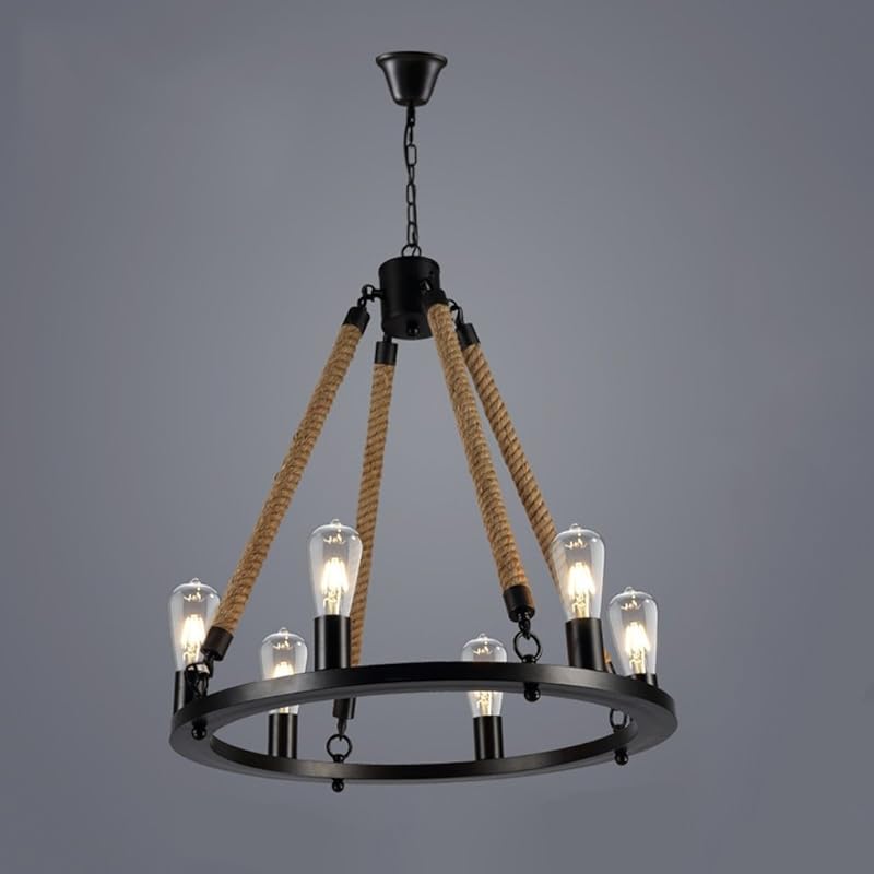 Chandelier Vintage Hemp Rope Retro Wrought Iron Chandelier Ceiling Lamp E27 Iron Hanging Lights Cafe Restaurant Living Room Flush Mount Ceiling (Size 6 light