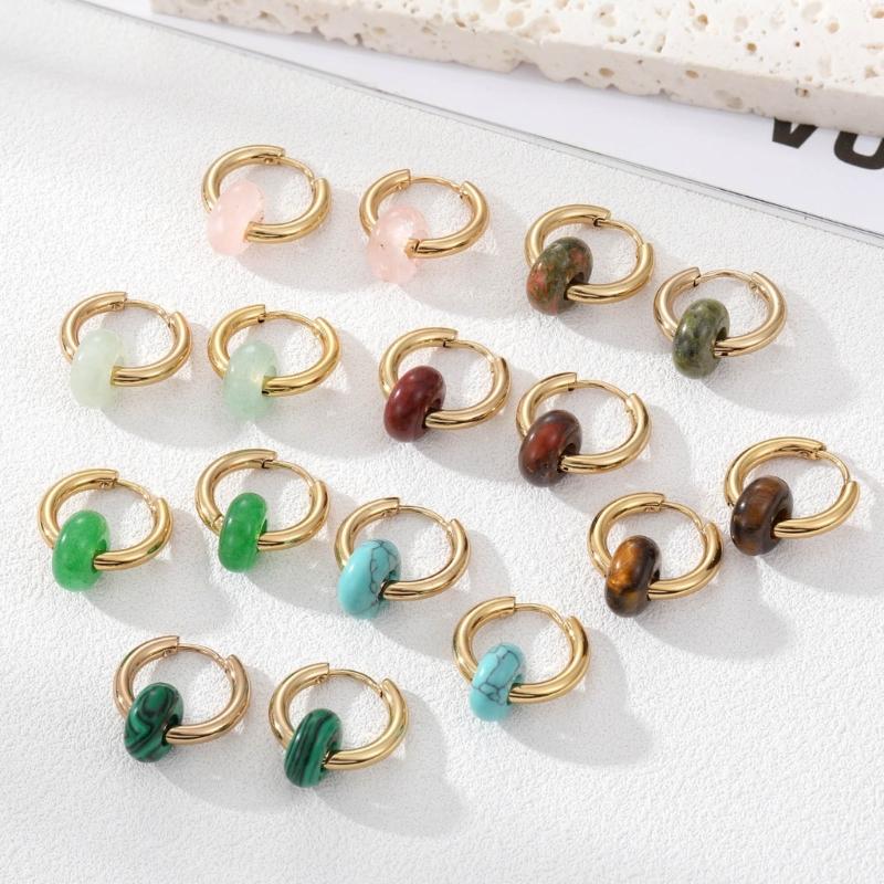 Natural Stone Bead Earrings Stainless Steel Ear Hooks Circle Ear Buckle Hoops Fashion Ear Jewelry Gift for Women Girls