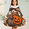 Girls High Neck Long Sleeve Halloween Hedgehog Printed Fluffy Trim Tie Waist A Line Flared Dress