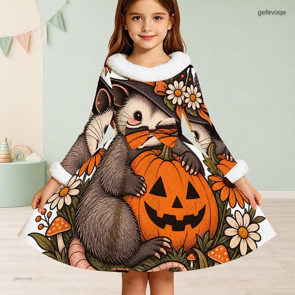 Girls High Neck Long Sleeve Halloween Hedgehog Printed Fluffy Trim Tie Waist A Line Flared Dress