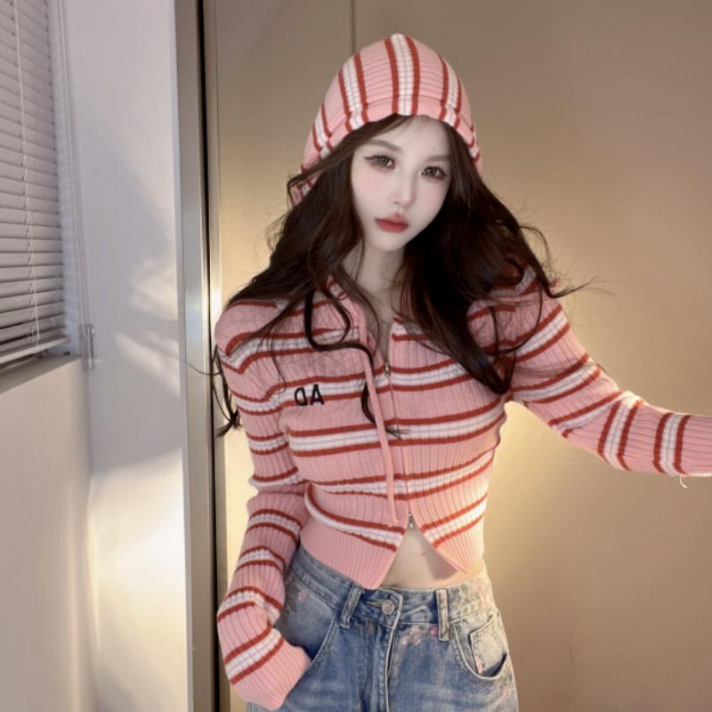 Striped Hooded Double Zippered Knitted Cardigan Sweater Jacket Women's Autumn Short High Waisted Long Sleeved Top