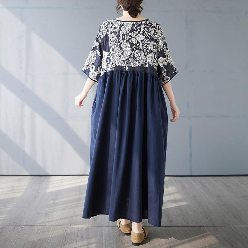 DIMANAF 2025 Summer Women Plus Size Long Dress V-Neck Floral Basic Casual Loose Vintage Pleated Dress Maxi