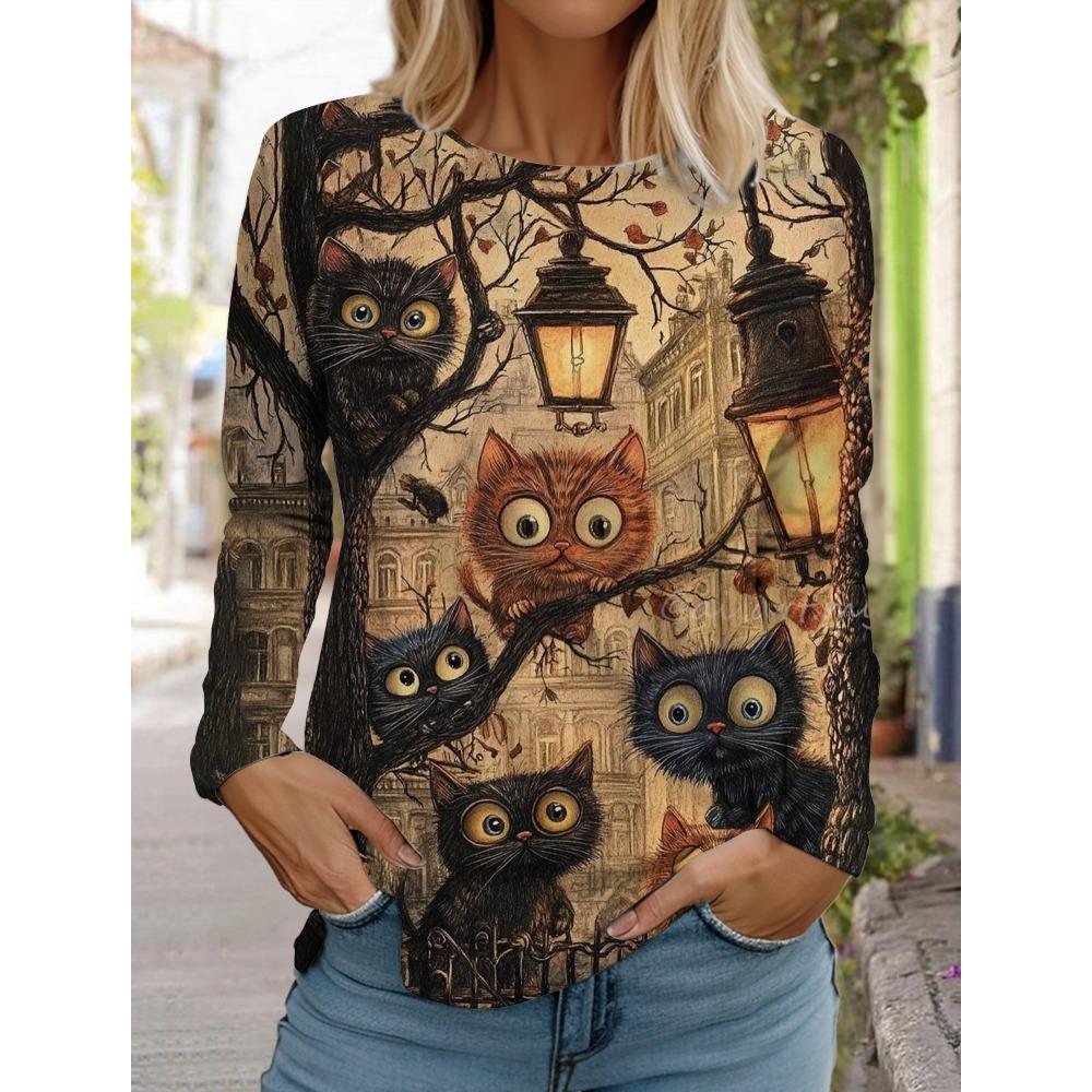 Round Neck Long Sleeved Fashionable Casual Cute Cat Animal Pattern Printed Top