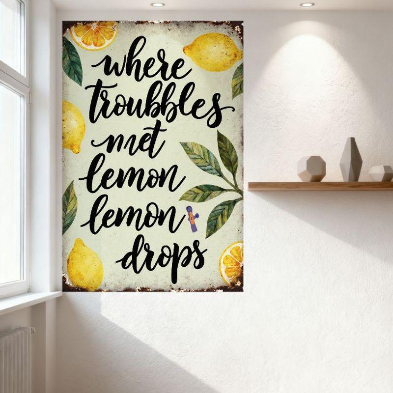 Vintage Distressed Light Green Metal Tin Sign 'Where Troubles Met Lemon Lemon Drops' with Lemons & Leaves for Kitchen Home Decor