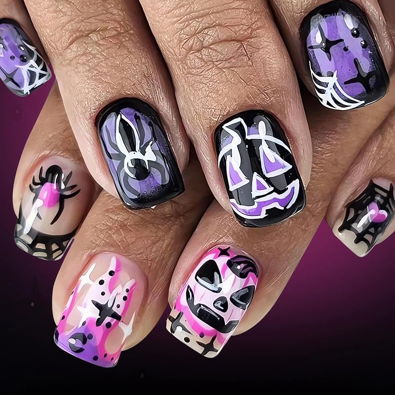 Halloween Press on Nails Medium Fake Nails Almond Shape Halloween False Nail Tips with Pumpkin Star Moon Designs Cute Stick on Nails Glossy Halloween