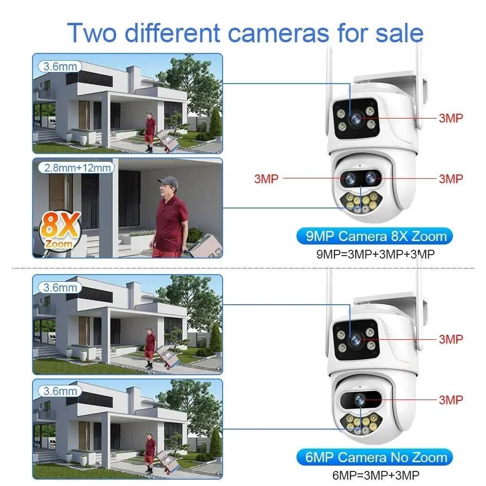 2024 New 9MP 4K Three Lens WiFi IP Camera Outdoor 8X Zoom Dual Screens PTZ Cameras Ai Auto Tracking CCTV Security Cam iCSee App