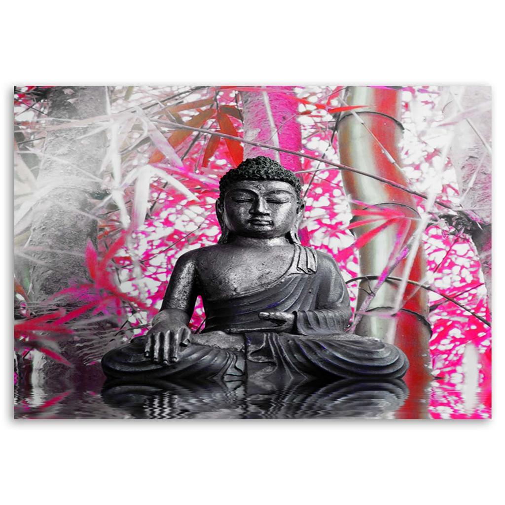 Canvas Print, Buddha and Bamboo Pink Leaves