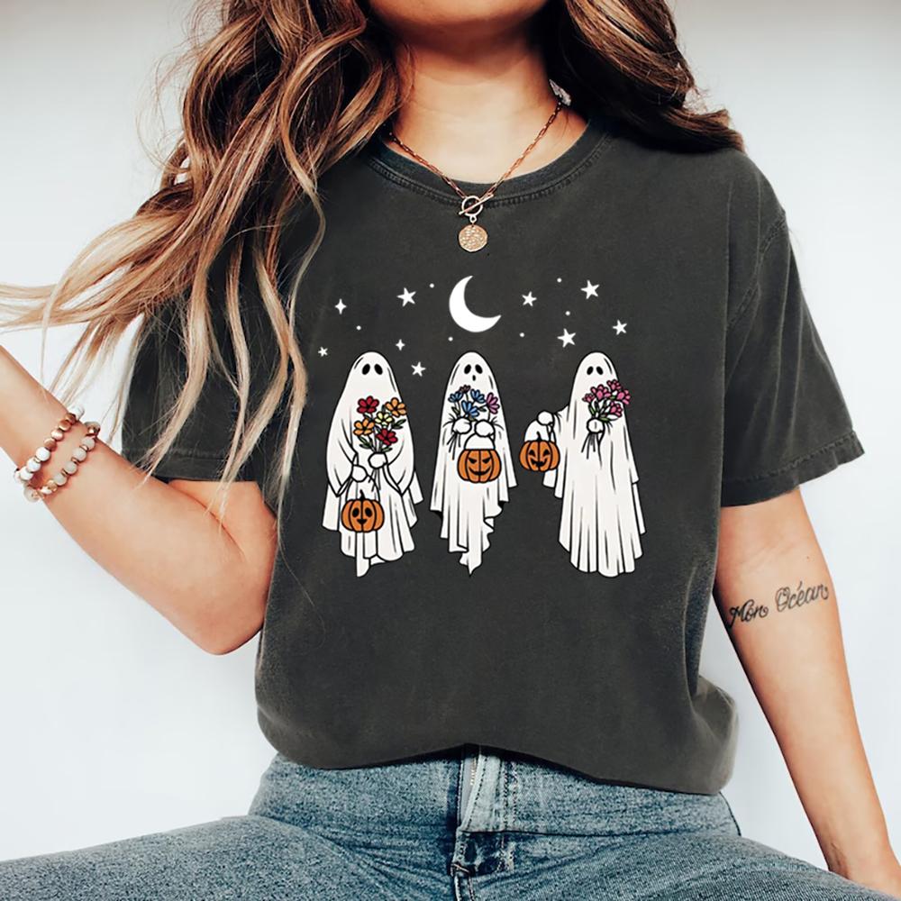 Vintage Halloween Ghost T-Shirt Floral Spooky Pumpkin Tee Casual Short Sleeve Women Halloween Shirt Spooky Season Graphic Tees