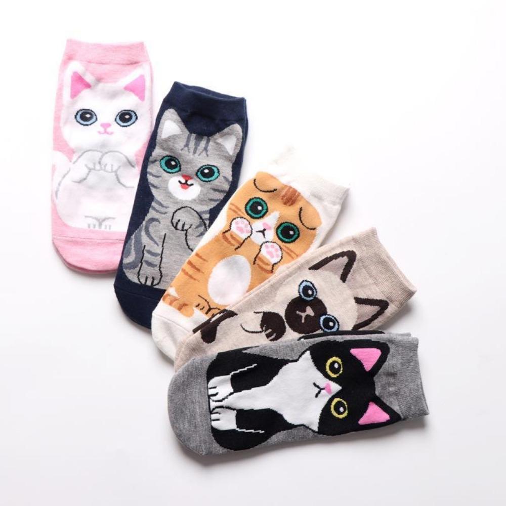 5PCS/set of Five Pairs of Cute and Comfortable Cartoon Cat Socks - Breathable and Sweat-absorbing Animal Pattern Casual Socks