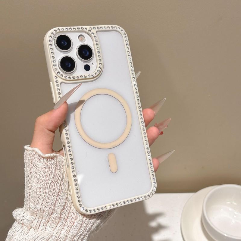 

Diamond Border Suitable Apple 16 Promax Magnetic Phone Case IPhone 15 Internet Famous Light Luxury Women s Flash Cover iPhone 16 белый
