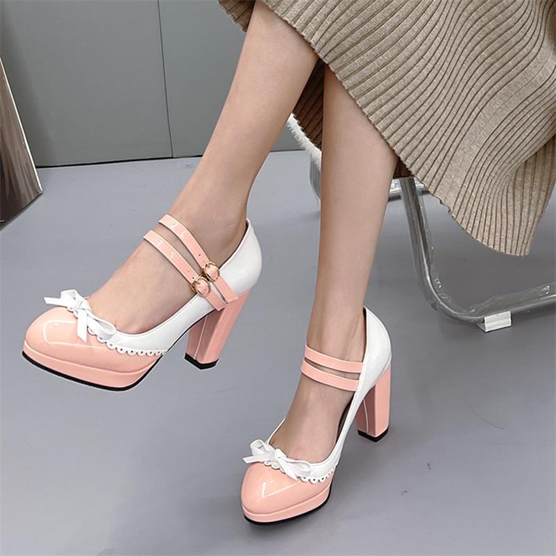 FOREADA Women Mary Janes Pumps Round Toe Glove Shoes Thick High Heels Lolita Buckle Mixed Colors Bow Ladies Fashion Shoes Spring Autumn