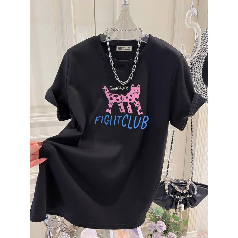 

New Summer Spotted Cat Letters Large Version Loose Cotton Black Short-sleeved T-shirt for Ladies High Quality Durable Construction Practical Daily Use M