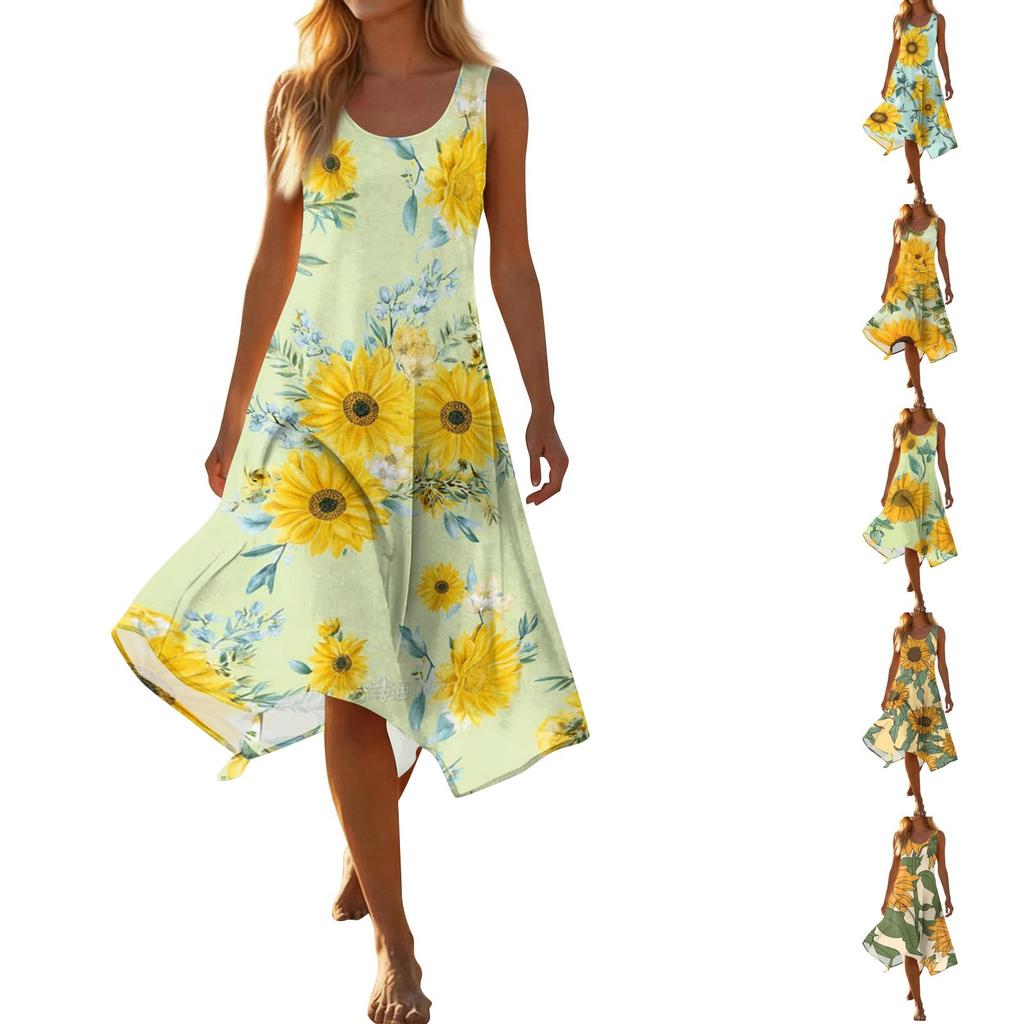 Women Sleeveless Casual Floral Print Midi Dress Round Neck Asymmetric Hem Summer Beach Dress