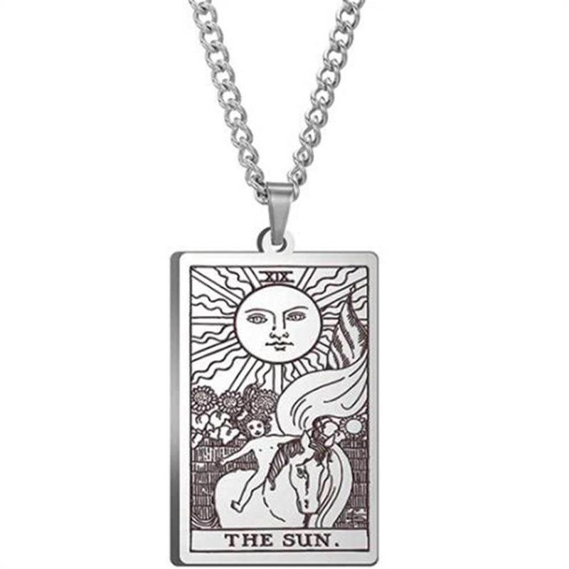 Tarot Stainless Steel Necklace Men'S Hip Hop Personality Retro Square Pendant Sweater Necklace