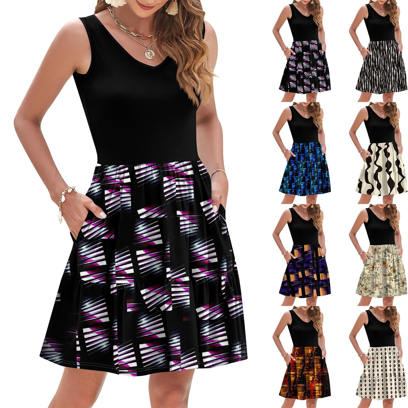 

Women Summer Dresses Sleeveless Casual Loose Swing Button Down Midi Sundress With Pockets L