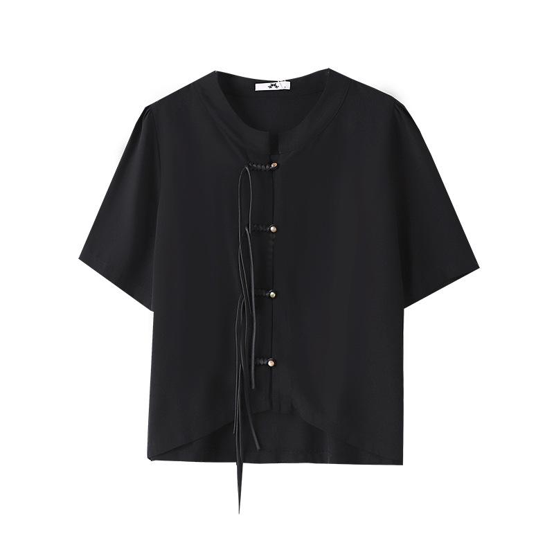 

Большие размеры женская новая китайская пряжка дисковая темперамент простая тонкая блузка с короткими рукавами 3XL чёрный