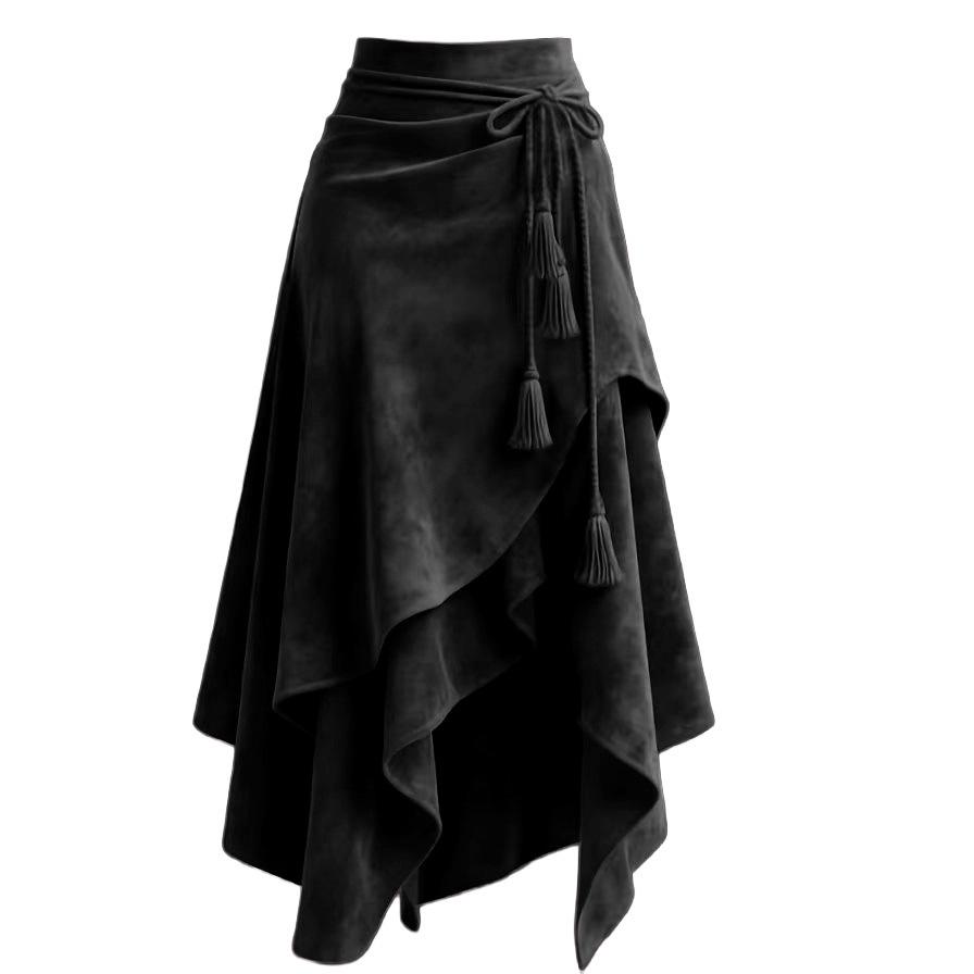 Women's 2025 Coffee Suede Half Skirt: Autumn Irregular Lace-up Slimming A-line Mid-length