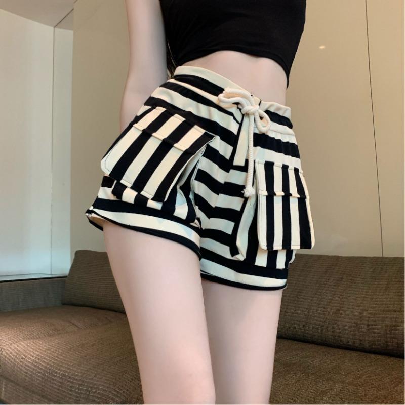 High-waisted Striped Shorts Women's Summer Elasticated Waist Baggy Wide-leg Pants Wear Slimming Sports A-line Spice Hot Pants
