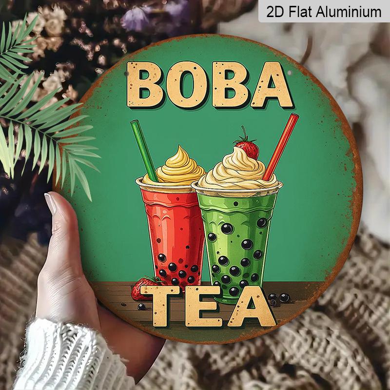 2D Flat - A Vintage Aluminum Sign About 'BOBA TEA', Retro Bubble Tea Cup Design with Strawberry & Cream Topping Measuring 7.87 Inches, Suitable for