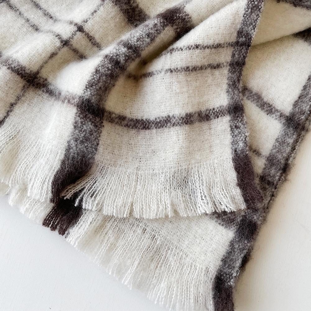 New white mohair imitation cashmere plaid scarf women's winter high-end wool versatile shawl thickened and warm