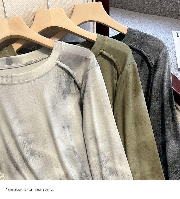 Tie-Dye Women's Irregular Long Sleeve Drawstring Slimming T-Shirt - Korean Style for Spring/Autumn 2025