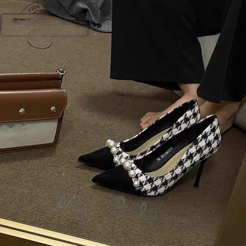 Fashion Houndstooth High Heels Women's Stiletto 2025 Spring and Autumn New Temperament Pearl Chain Pointed Toe Single Shoes
