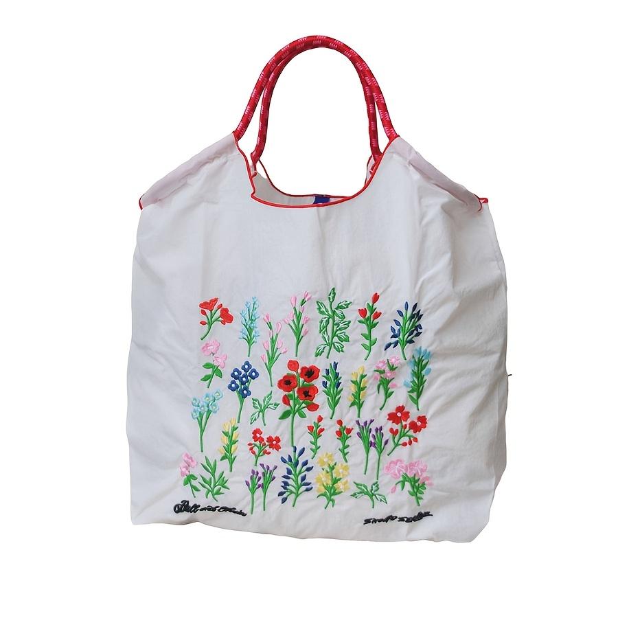 

Women s Sweet Style Embroidered Floral Tote Bag - Large Capacity Lightweight Shoulder Bag with Drawstring Closure, Floral Design for Shopping Bag белый