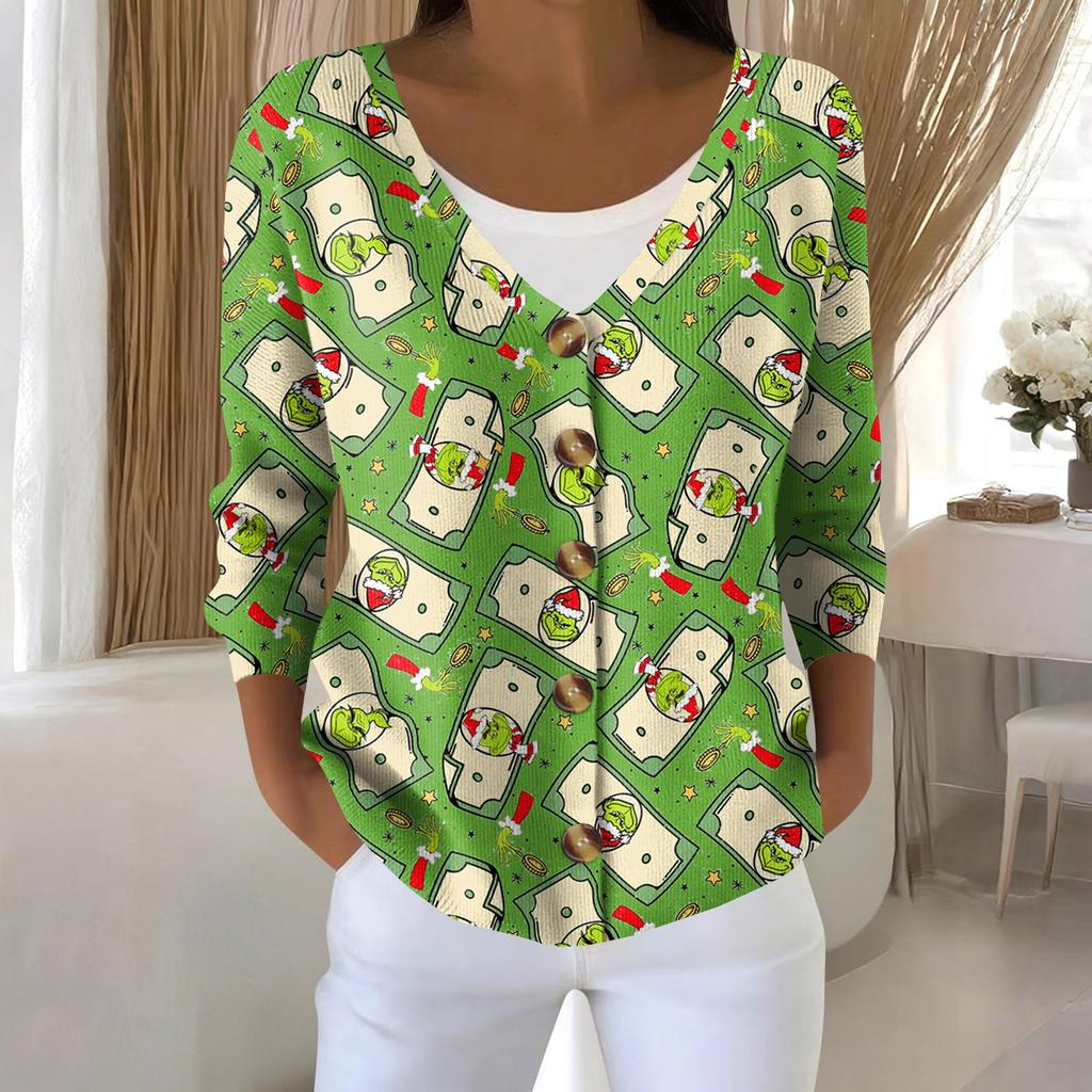Women's Fashion Long Sleeve Christmas Snowman Snowflake Print Jacket Cardigan
