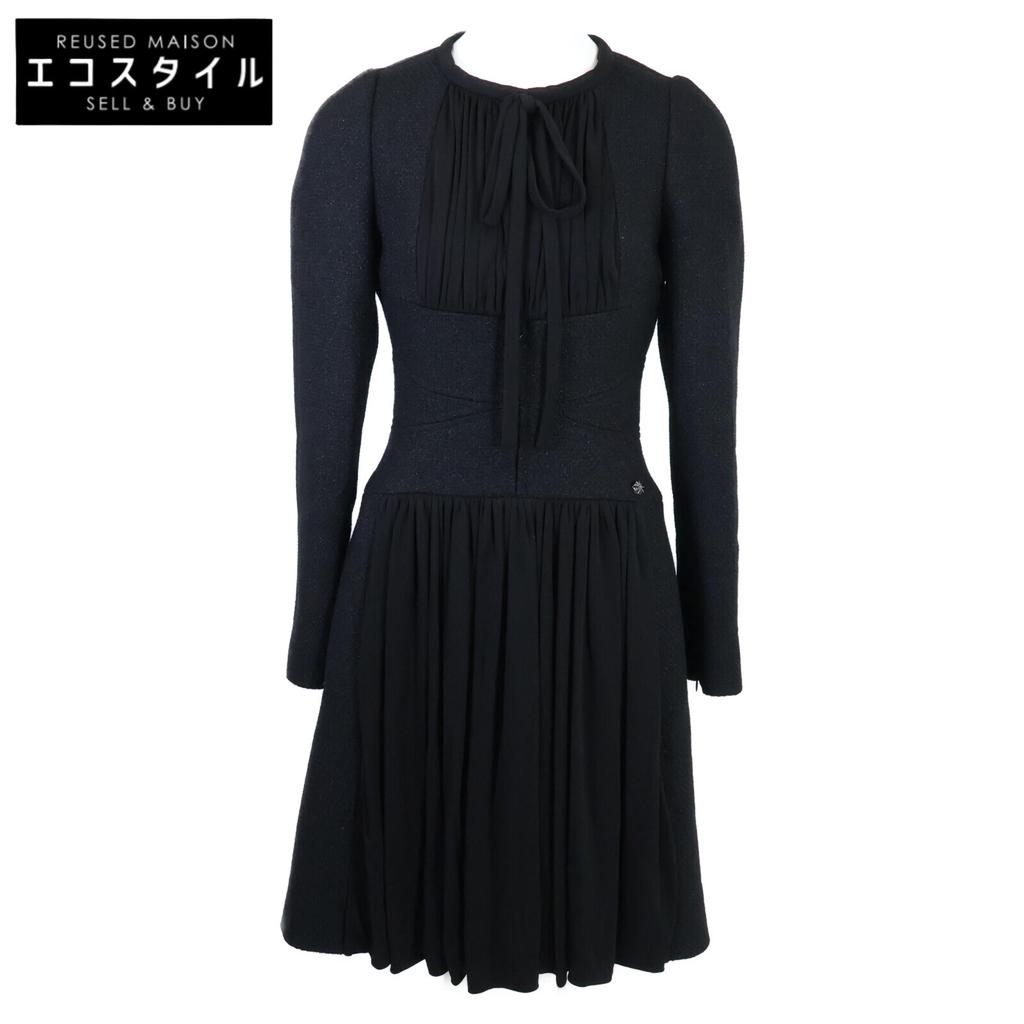 CHANEL [Good Condition] 16B P54617V37240 CC Logos Plate Front Pleated Tweed dress 34 blackUsed