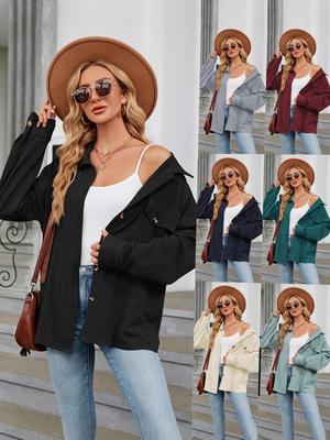 Jaqueta Casual Feminina Europeia e Americana de Cor Sólida com Bolso e Botões para Outono e Inverno