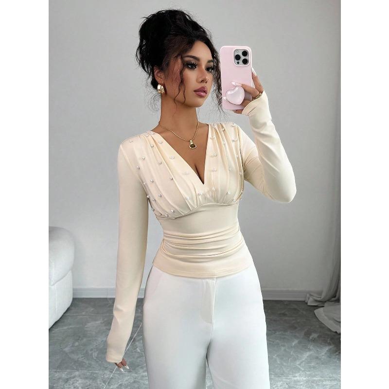 

DAFIFY Женская мода повседневная весна осень горошек блузки и рубашки с длинным рукавом и V-образным вырезом S абрикосовый