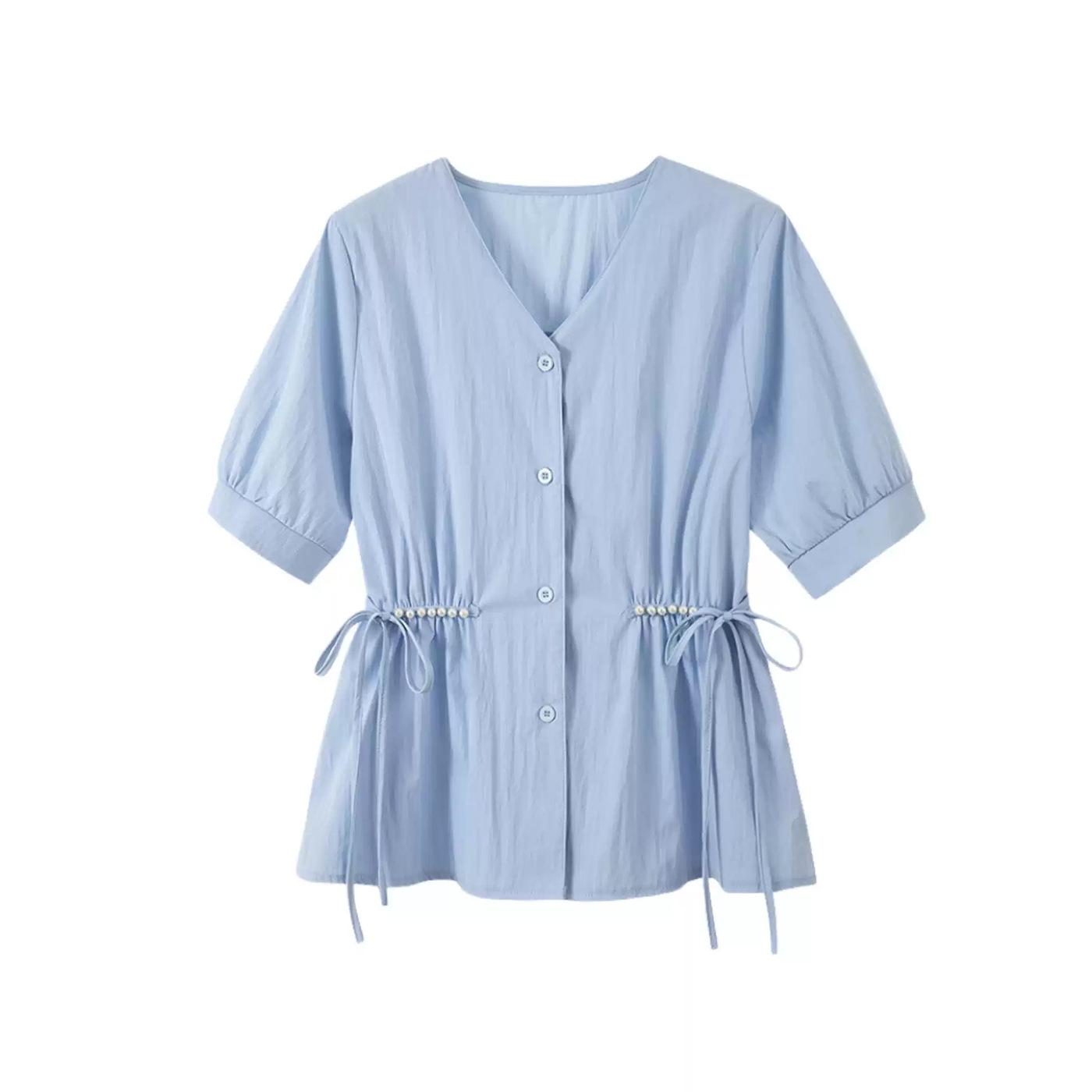 

Женская рубашка с французским V-образным вырезом размером с тарелку, новый летний стиль с приталенной талией и тонким топом, закрывающим живот, с короткими рукавами 6XL синий