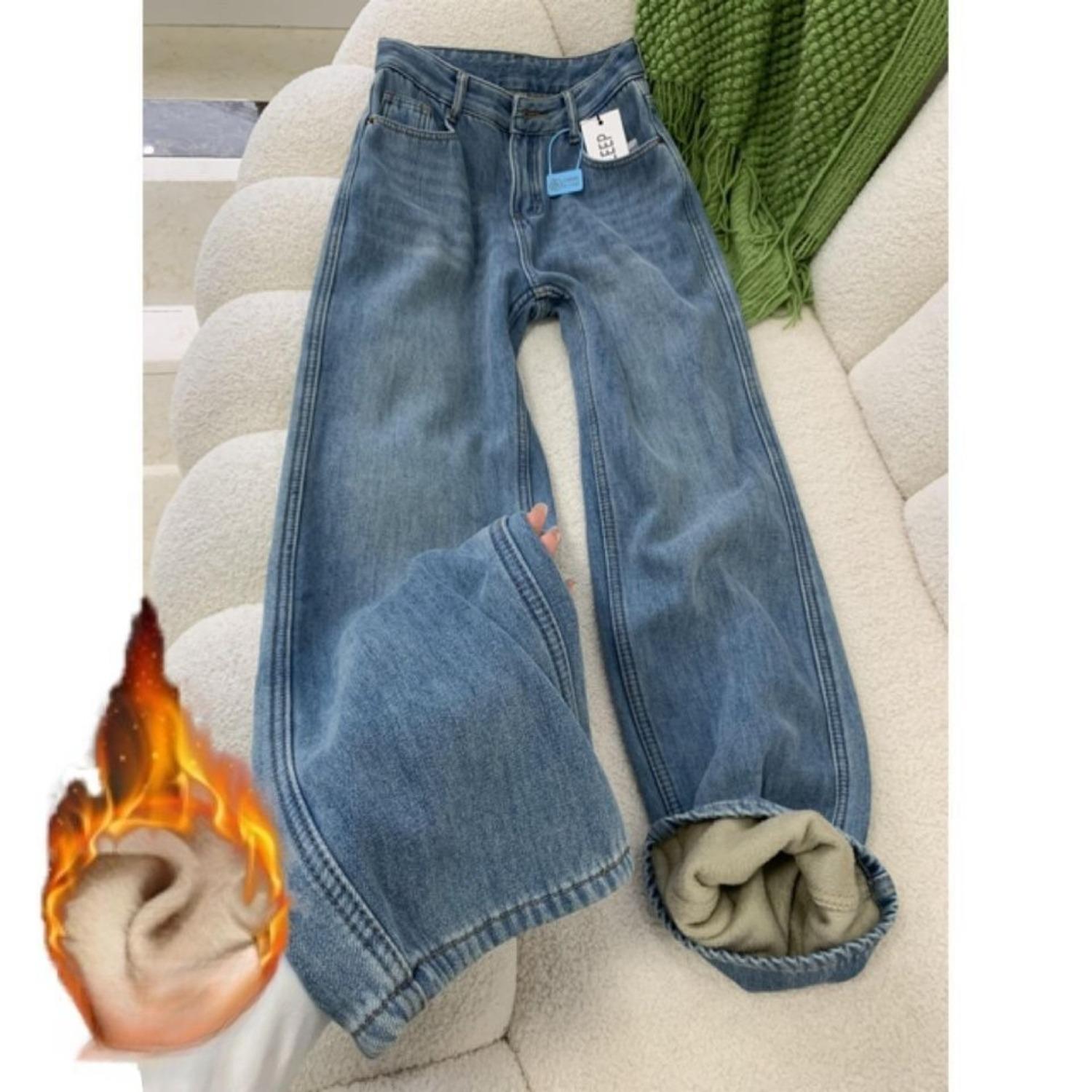 Women s High Waist Straight Leg Jeans Winter Fleece Lined Denim Pants Warm Thick S