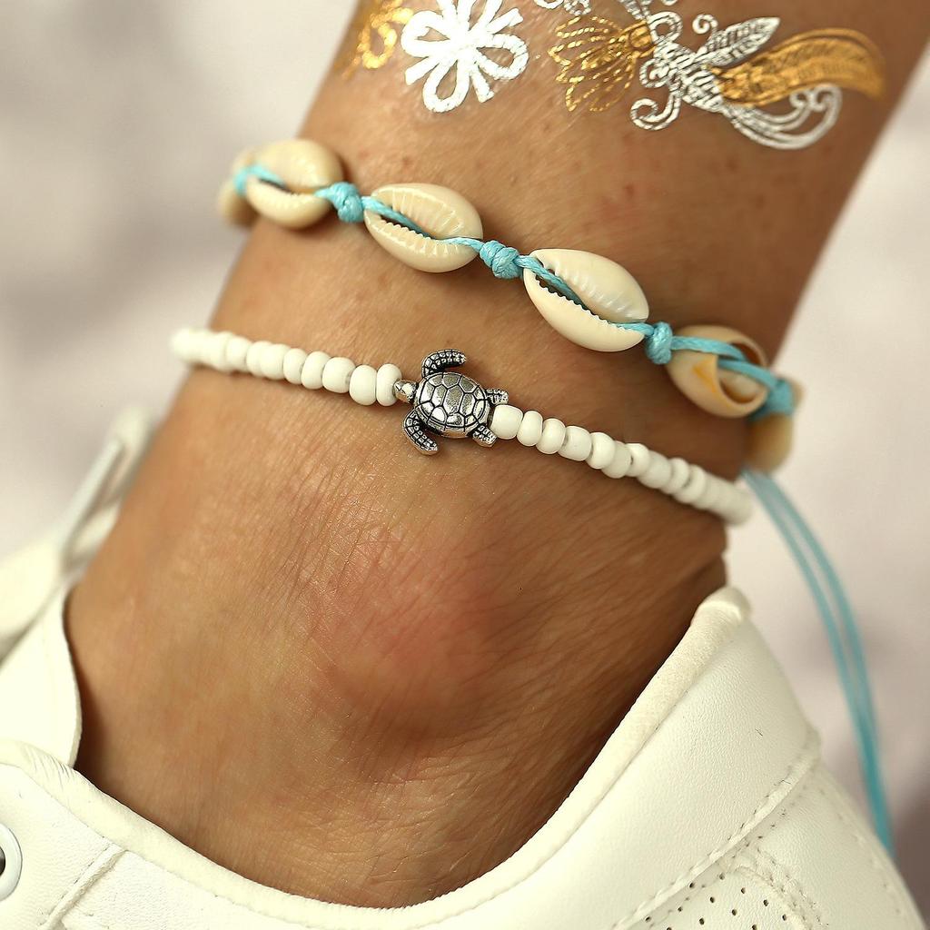 Neue Boho-Fußkettchen mit Muscheln und Seesternen für Damen, modisches Schildkröten-Fußkettchen am Bein, barfuß, handgefertigte Kette, Sommer-Strandschmuck