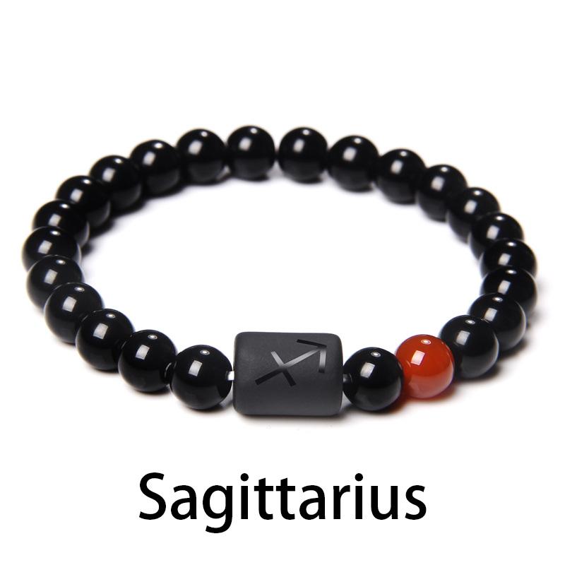 

12 Созвездий Знаки Зодиака Бусины Браслет Для Пар Натуральный Черный Оникс Камень Эластичный Браслет для Женщин Мужчин Подарок На День Рождения