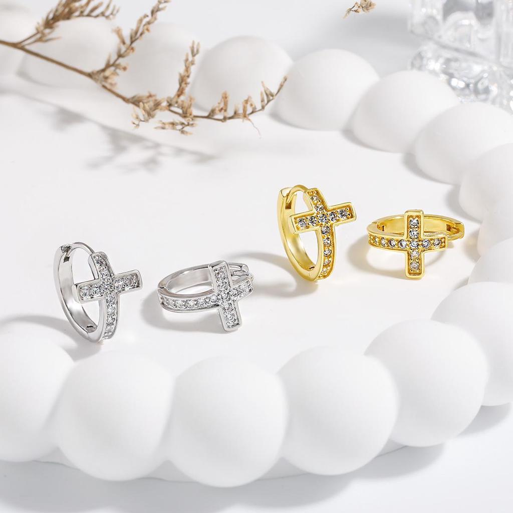 Korean Style Rhinestone Cross Hoop Earrings - Women's Fashionable Minimalist Studs