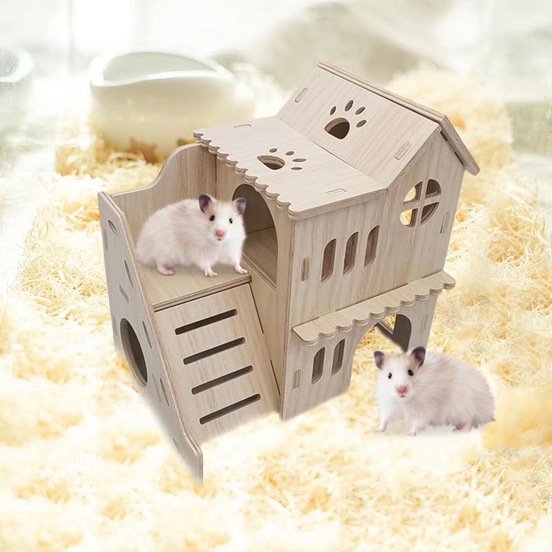Large Hamster House Fun House Double-Decker Hut With Climbing Ladder Large Wooden Small Animals Pets Exploring Toys For