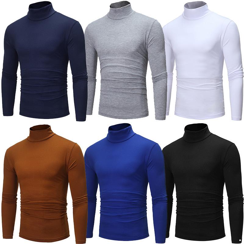 Men Casual High Neck Long Sleeve T-shirt Solid Color Slim Fit Pullover Undershirt Thermal Base Shirt