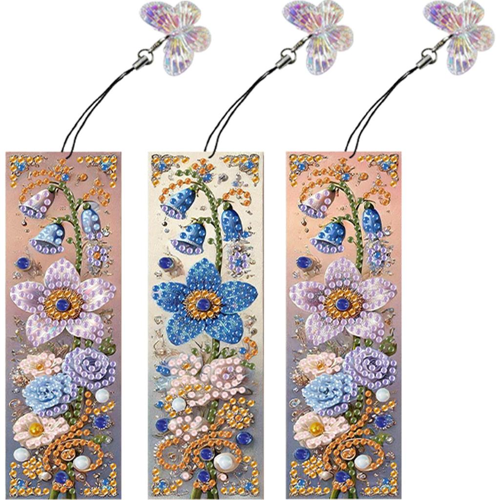 3 Stück Speziell geformtes Blumenmuster Diamantmalerei Lesezeichen DIY Diamant-Lesezeichen mit Kristallanhänger für den Lesetag Geschenk