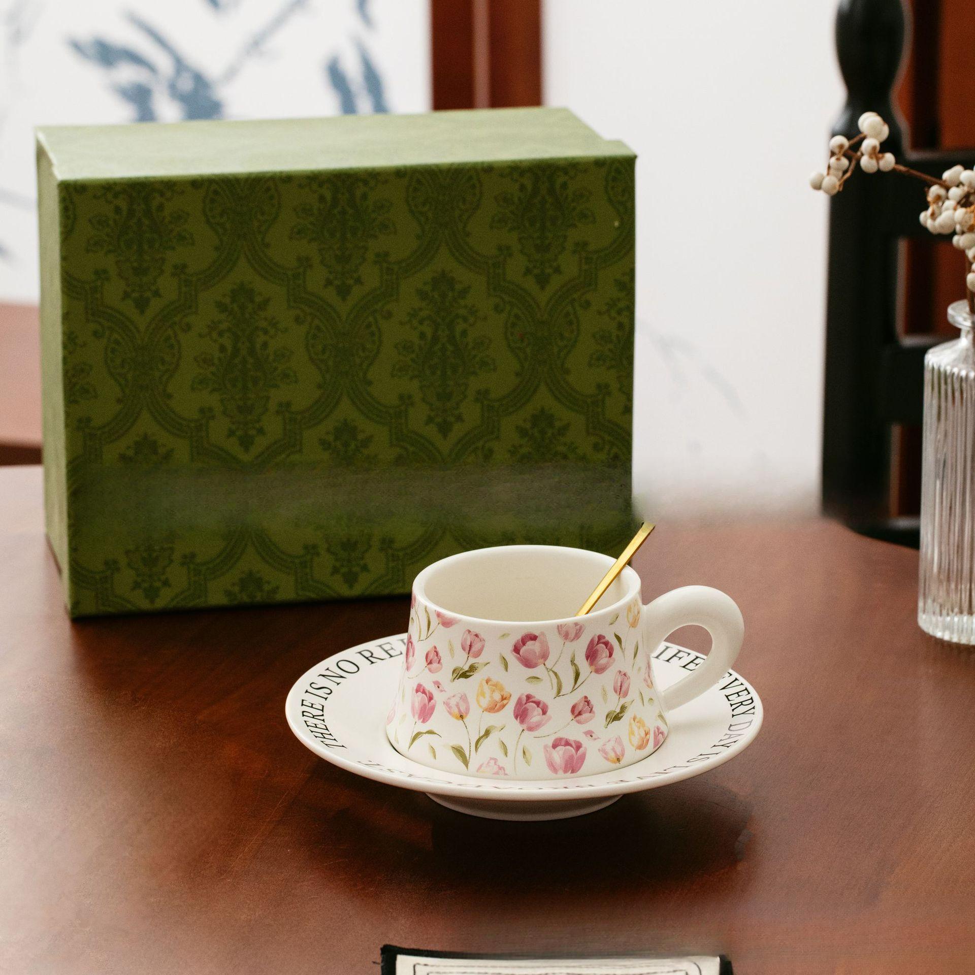 Tulip Flower Black High High-grade Gift Box for Giving People Coffee Cup Souvenir Present Cup Mug Set Ceramic Mug Niche 260ML