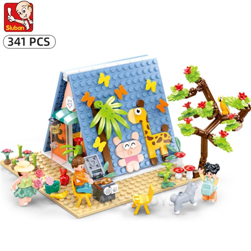 Sluban Pink Dream Building Blocks Rabbit Bus Motor Home Bricks Happy Party Diy Camp Cabin Model Educational Toys For Children