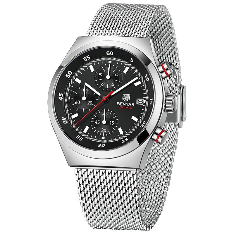 Benyar Men's Quartz Watch Simple Design Waterproof Chronograph Sports Watch Luminous Timer Stopwatch Business Wristwatch For Man