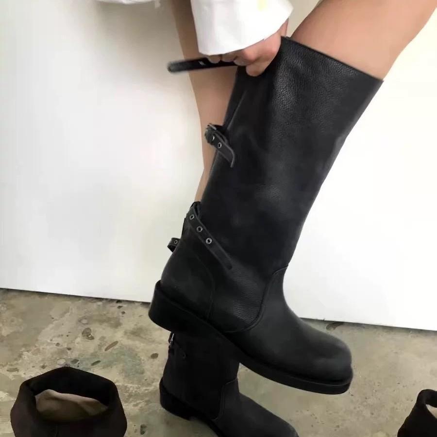 Cowhide version~ Korean niche round head thick heel belt buckle two wear versatile medium and high boots knight boots long boots women's boots