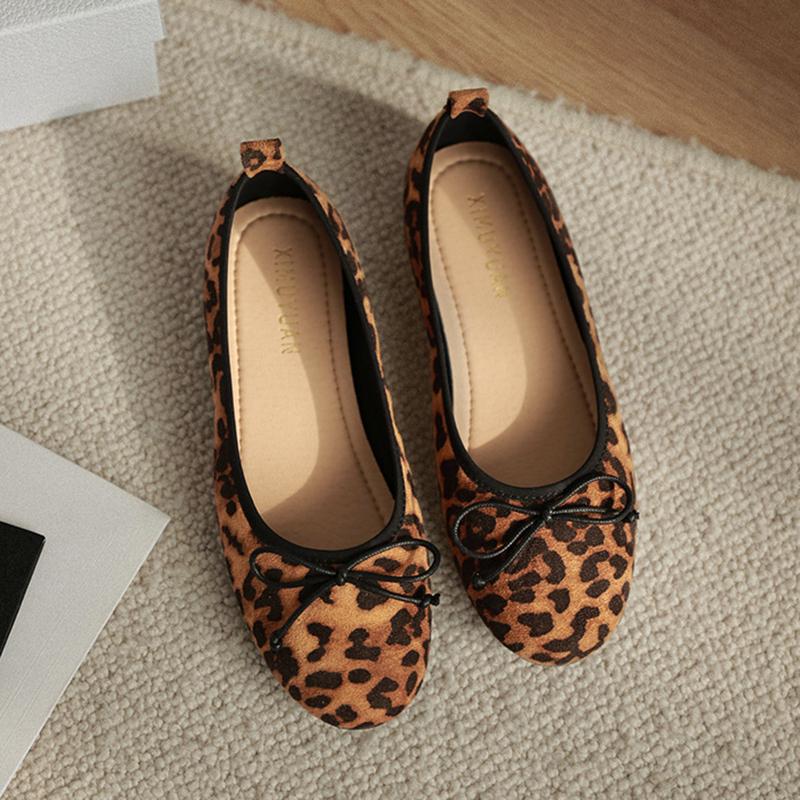 Fashion Round Toe Bowtie Flats Women Leopard Mocasines Flat Heel Ballerina Shoes Sexy Leopard Loafers Zapatos Mujer Cómodos Plus Size 43