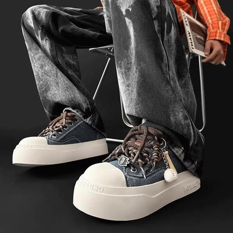 New Men's Denim Blue Chunky-Sole Sneakers Spring Fashion Versatile Oversized Canvas Shoes Niche Styles Couples' Pairs
