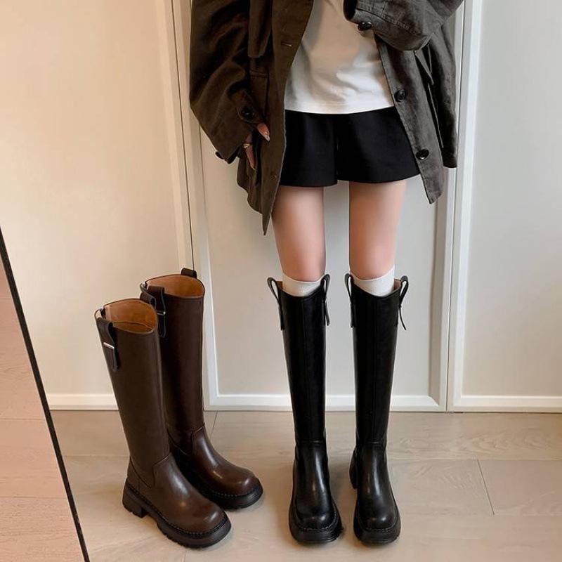 Autumn and winter women's leather boots leather large size knight boots thick-soled rear zipper high boots new middle heel round head women's boots