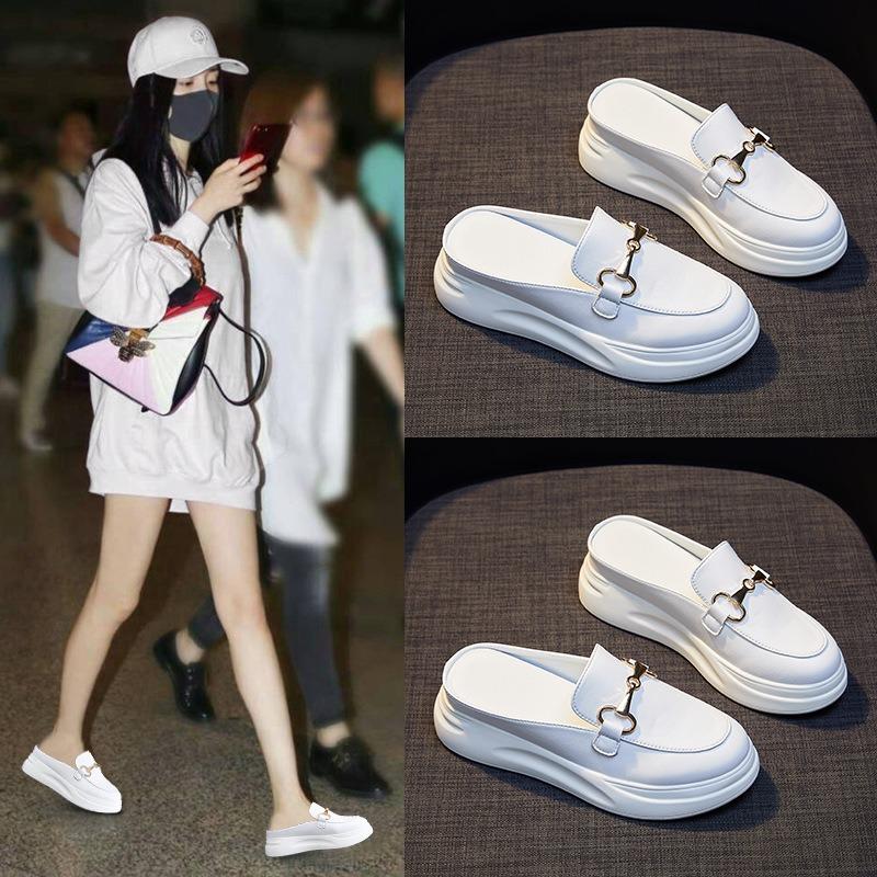 Summer half-drag women's thick-soled invisible inner height increase women's slippers leather casual sandals women's comfort