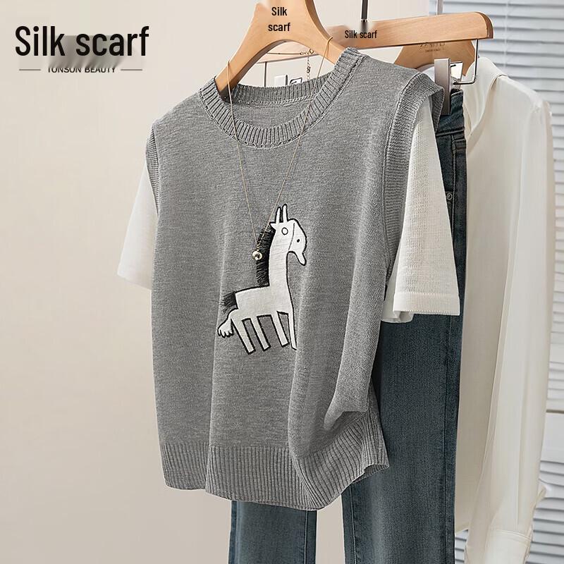Si Bo She Women s Round Neck Cartoon Fake Two-Piece Knit T-Shirt One Size
