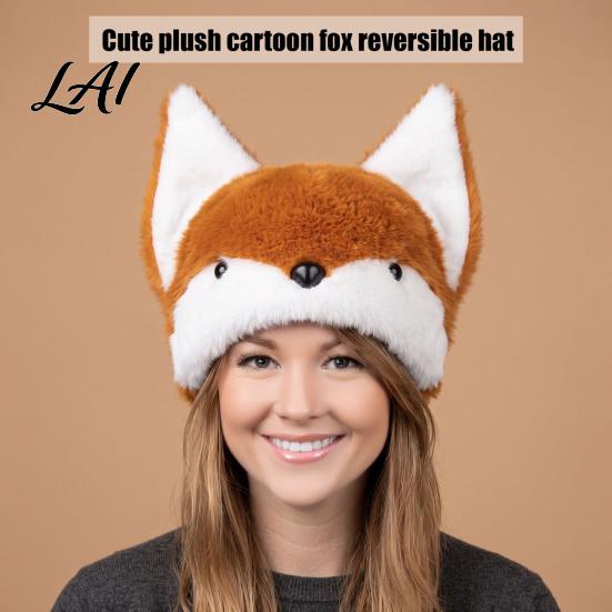 Double Sided Plush Headwear Animal Hat Fox And Wolf Double-sided Hat with 3D Ears Cute Pointed Ear Fuzzy Warm for Men Women Cosplay Party